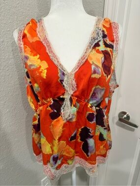 Rebecca Minkoff Orange Floral Lace-Trim Slip Tank Sz Large